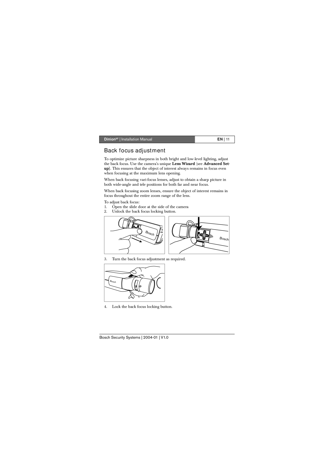 Bosch Appliances LTC 0620, LTC 0495 installation instructions Back focus adjustment 