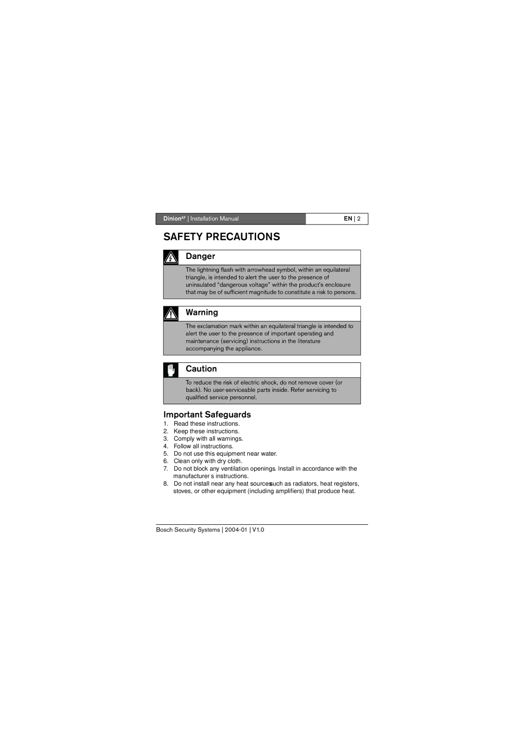 Bosch Appliances LTC 0495, LTC 0620 installation instructions Important Safeguards, Bosch Security Systems 2004-01 