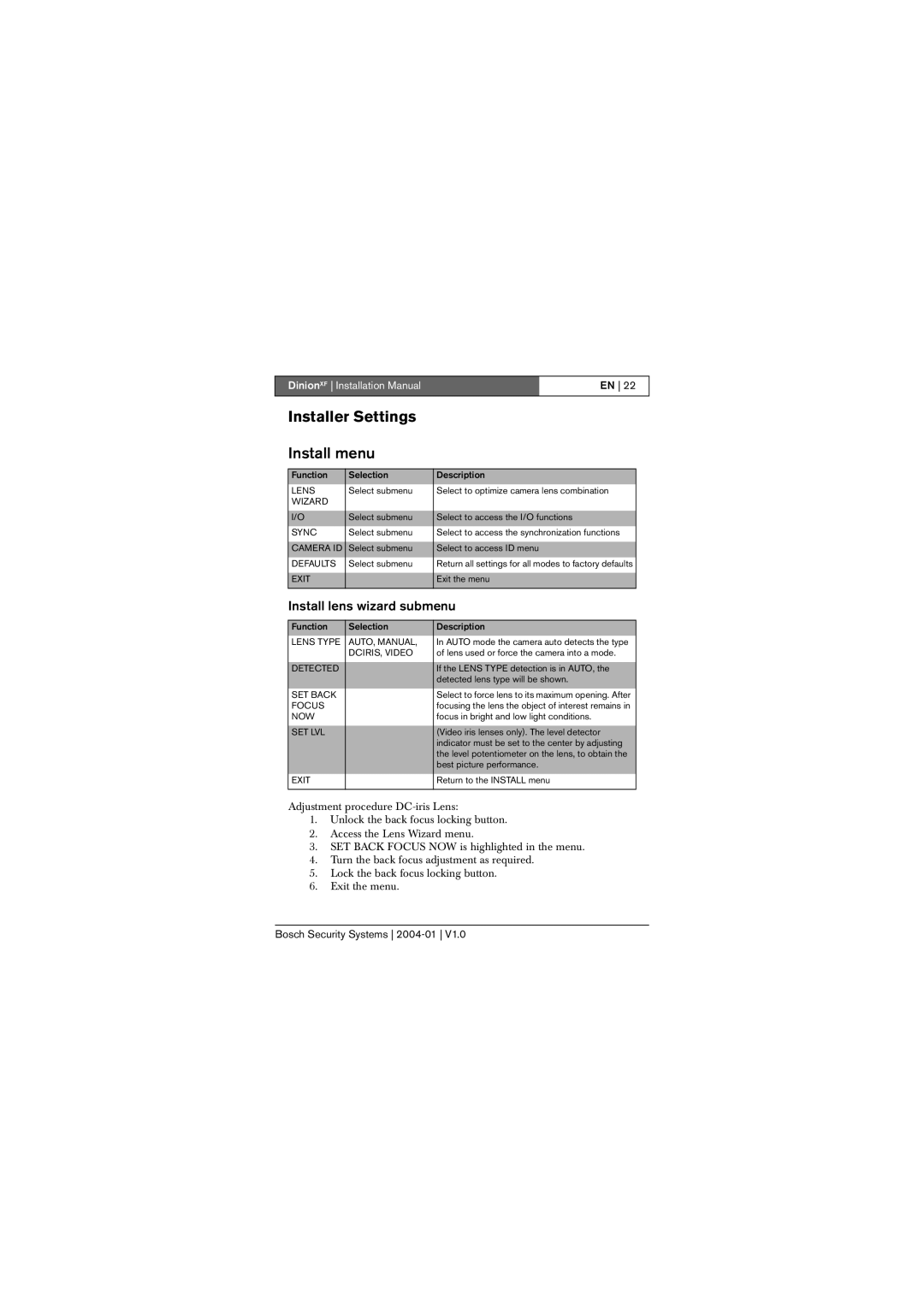 Bosch Appliances LTC 0495, LTC 0620 installation instructions Installer Settings, Install menu, Install lens wizard submenu 