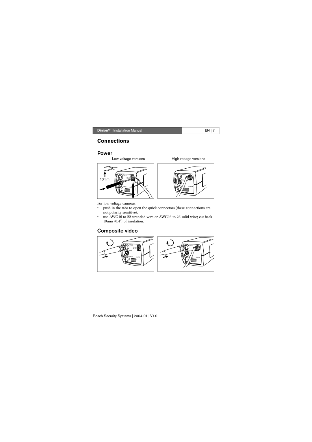 Bosch Appliances LTC 0620, LTC 0495 Connections, Power, Composite video, Low voltage versions, 10mm 