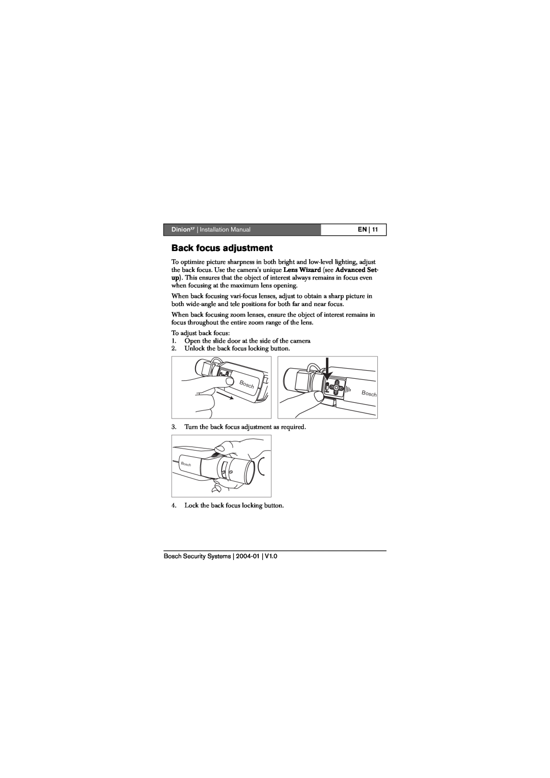 Bosch Appliances LTC 0620, LTC 0495 installation instructions Back focus adjustment, DinionXF Installation Manual 