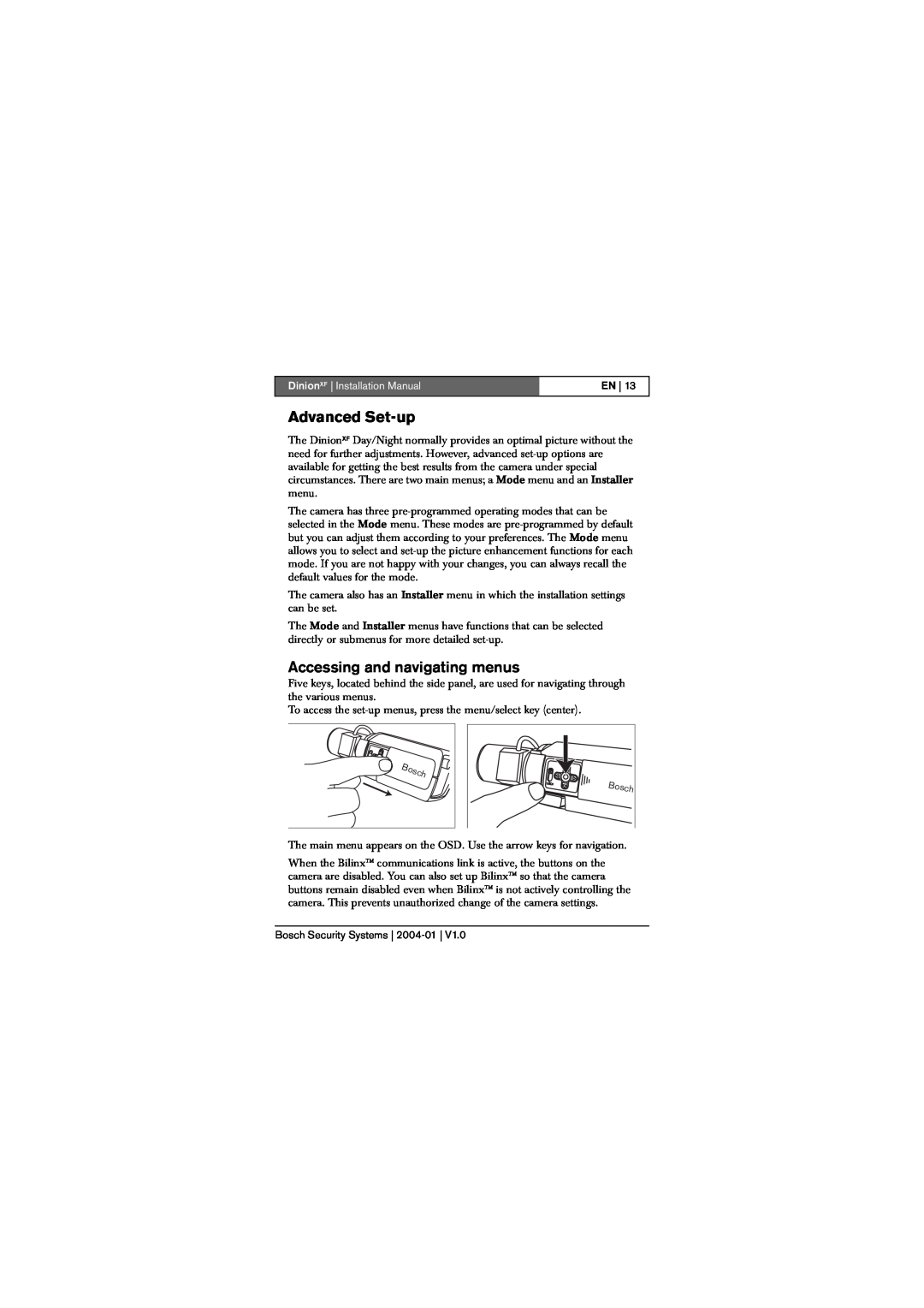 Bosch Appliances LTC 0620, LTC 0495 Advanced Set-up, Accessing and navigating menus, DinionXF Installation Manual 