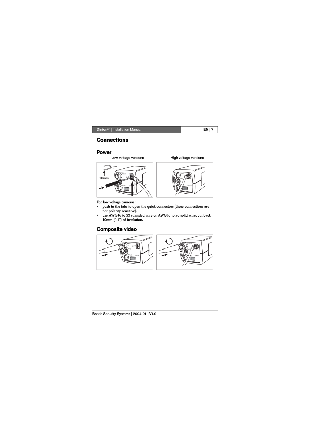 Bosch Appliances LTC 0620, LTC 0495 Connections, Power, Composite video, DinionXF Installation Manual 