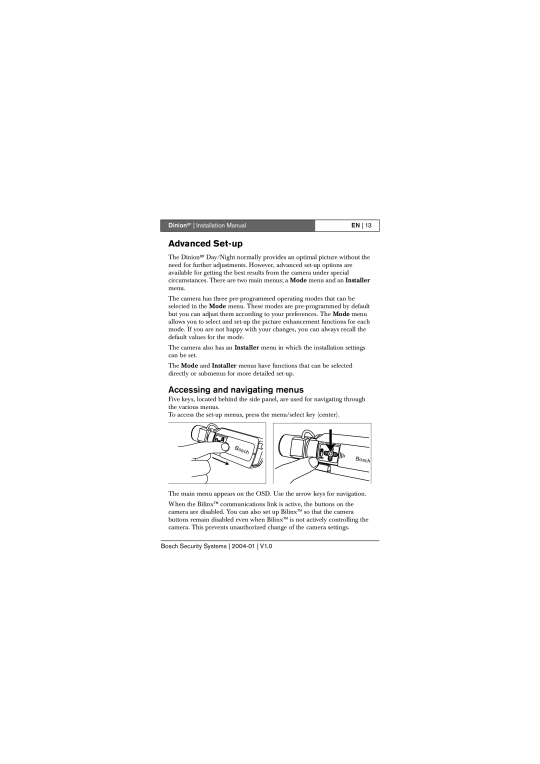 Bosch Appliances LTC 0620, LTC 0495 Advanced Set-up, Accessing and navigating menus, DinionXF Installation Manual 