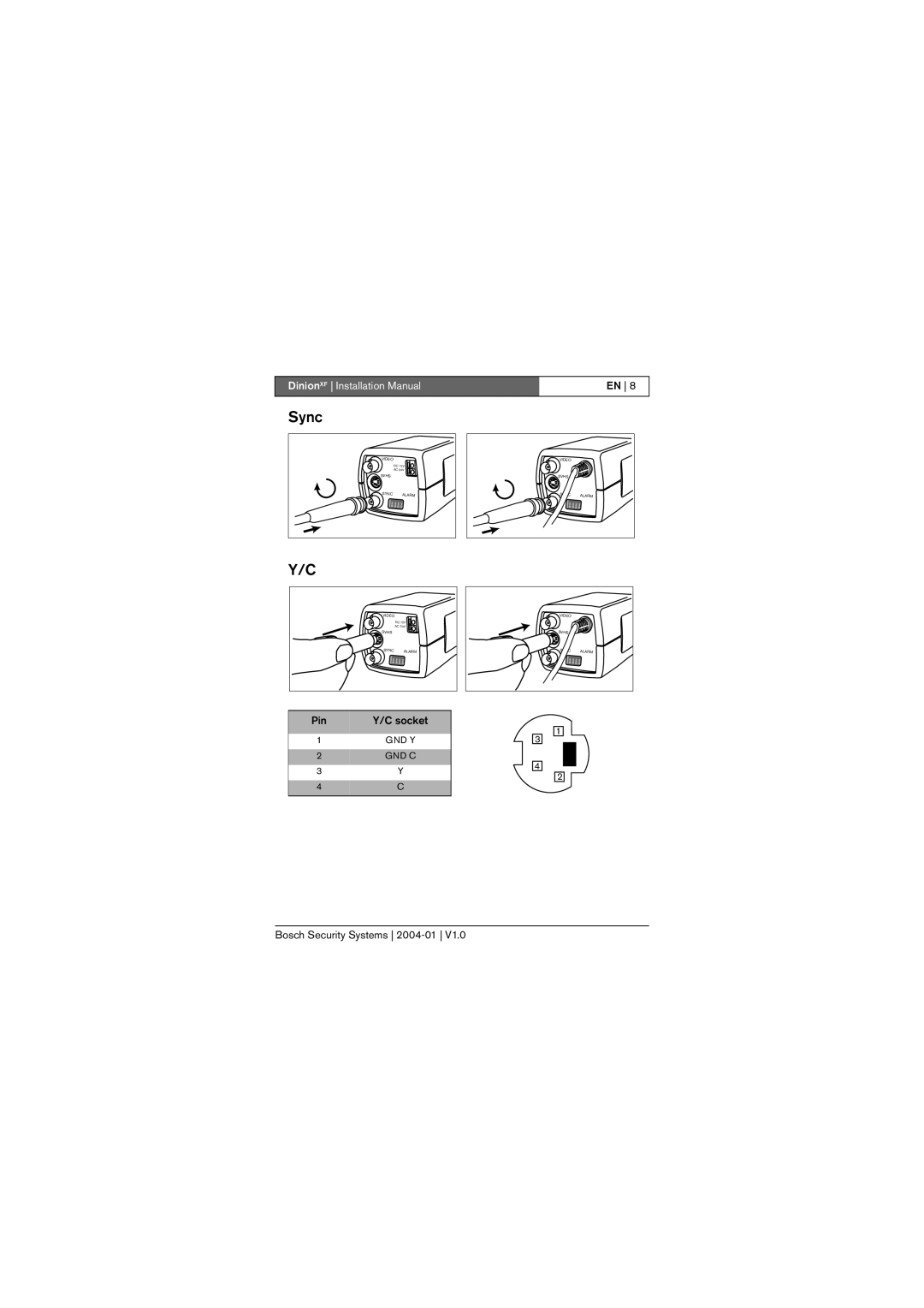 Bosch Appliances LTC 0495 Sync, Y/C socket, DinionXF Installation Manual, En, Bosch Security Systems, Svhs, Alarm, Video 