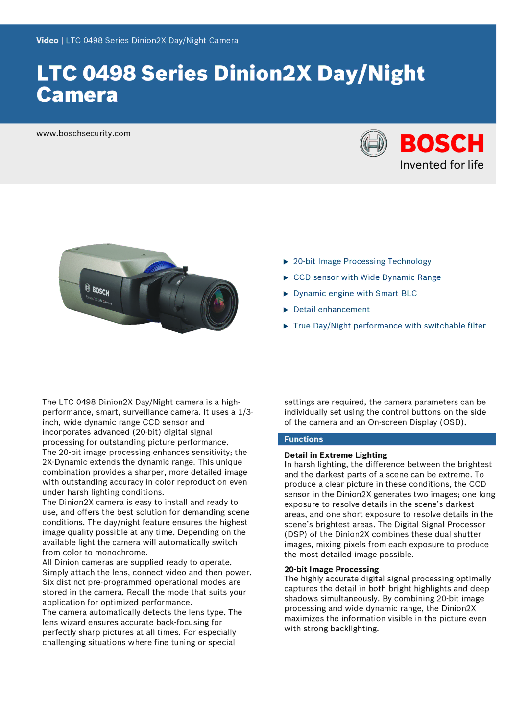 Bosch Appliances LTC-0498 manual Functions, Detail in Extreme Lighting, Bit Image Processing 