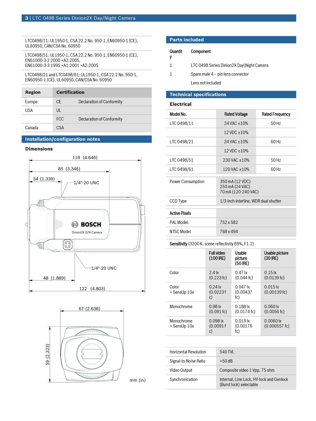 Bosch Appliances LTC-0498 manual Installation/configuration notes, Dimensions, Parts included, Technical specifications 