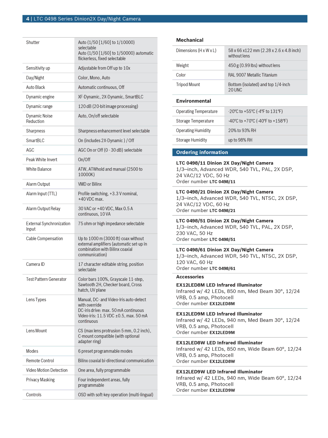 Bosch Appliances LTC-0498 manual Mechanical, Environmental, Ordering information 