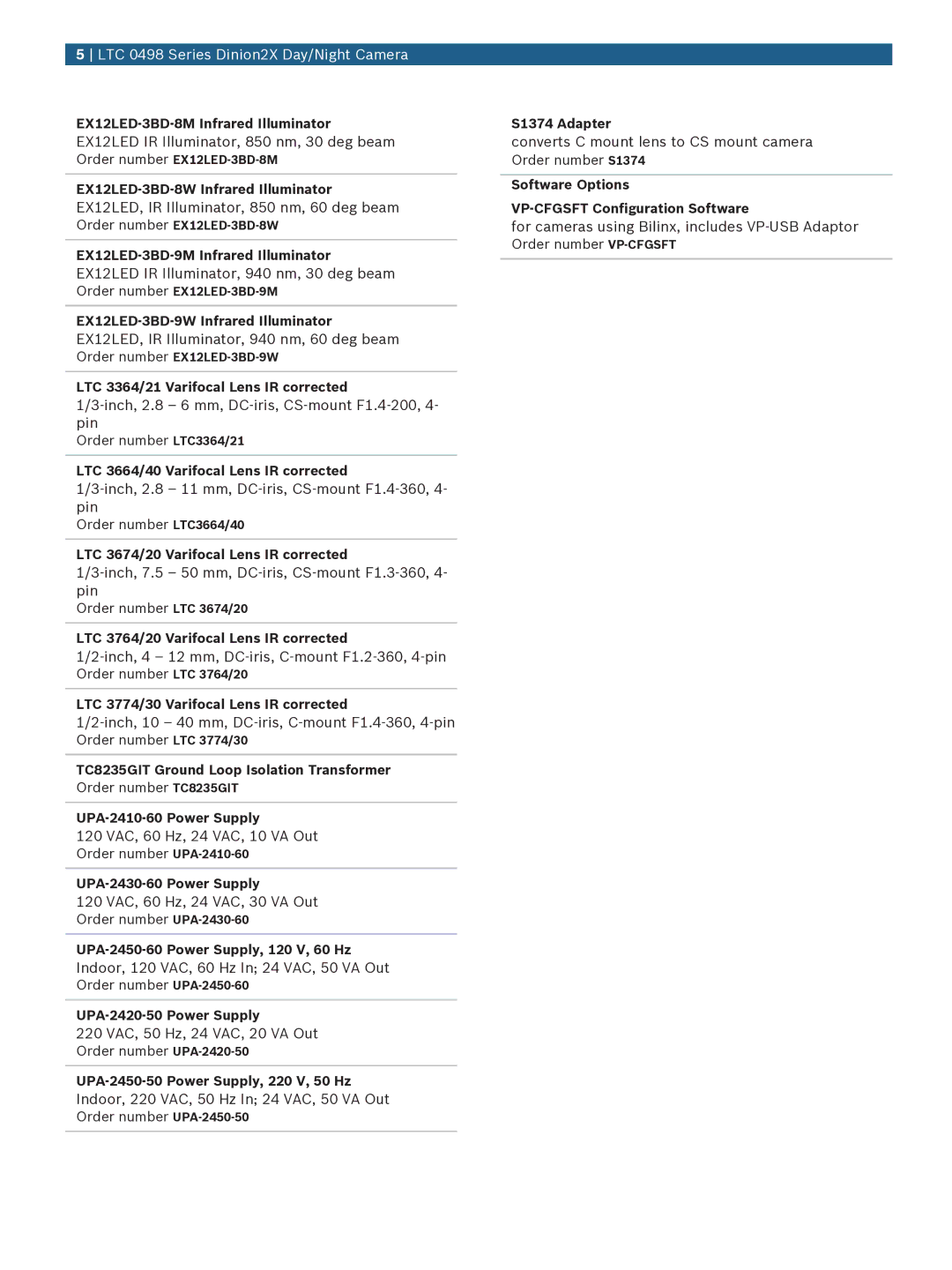 Bosch Appliances LTC-0498 manual EX12LED IR Illuminator, 850 nm, 30 deg beam, EX12LED, IR Illuminator, 850 nm, 60 deg beam 