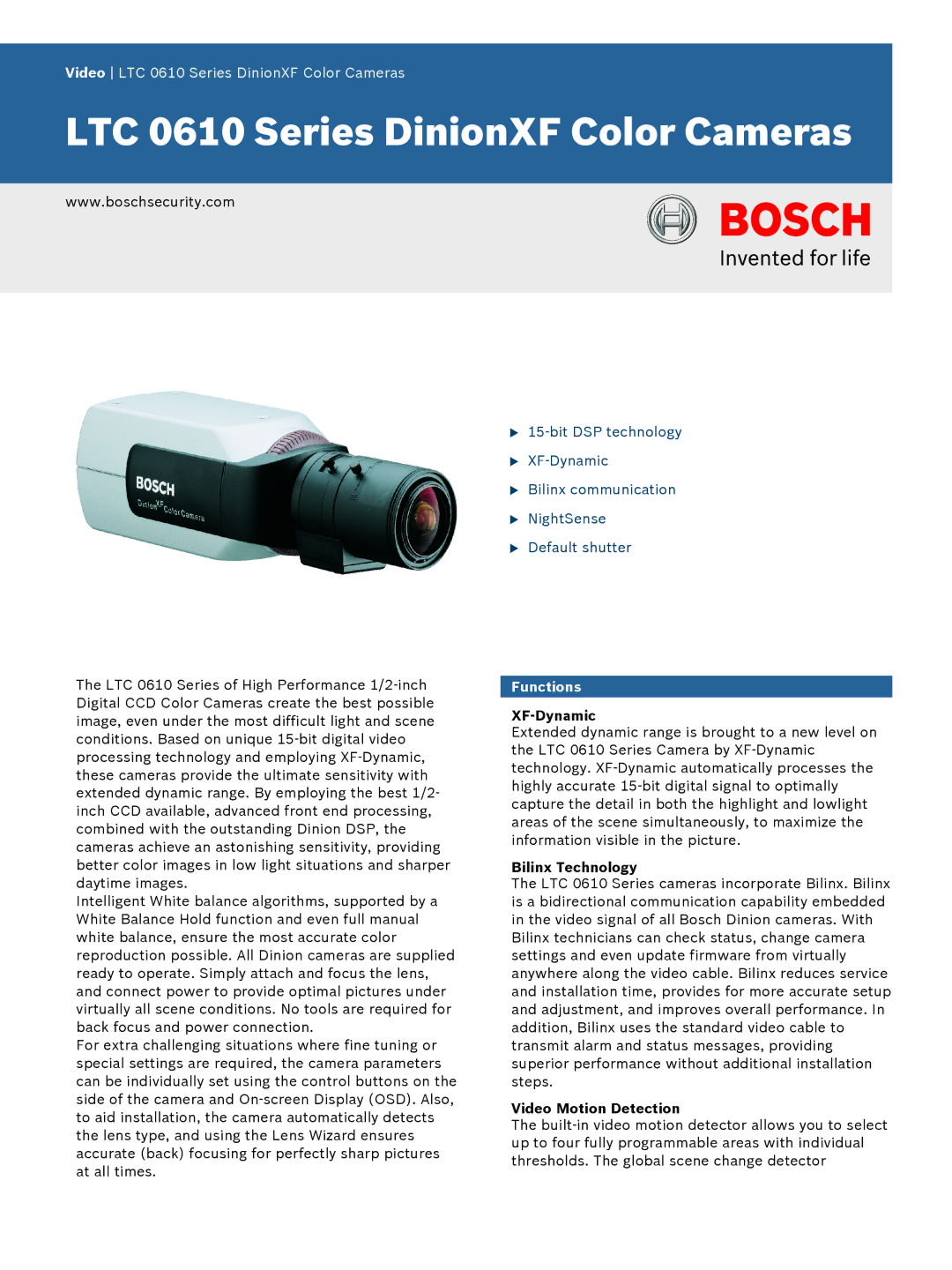 Bosch Appliances LTC 0610 manual Functions, XF-Dynamic, Bilinx Technology, Video Motion Detection 