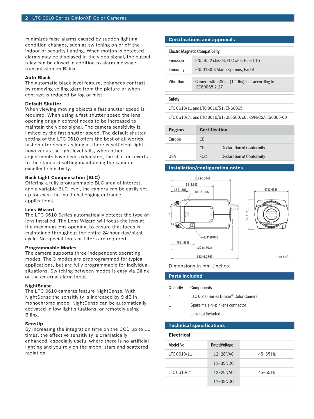 Bosch Appliances LTC 0610 manual Certifications and approvals, Installation/configuration notes, Parts included 