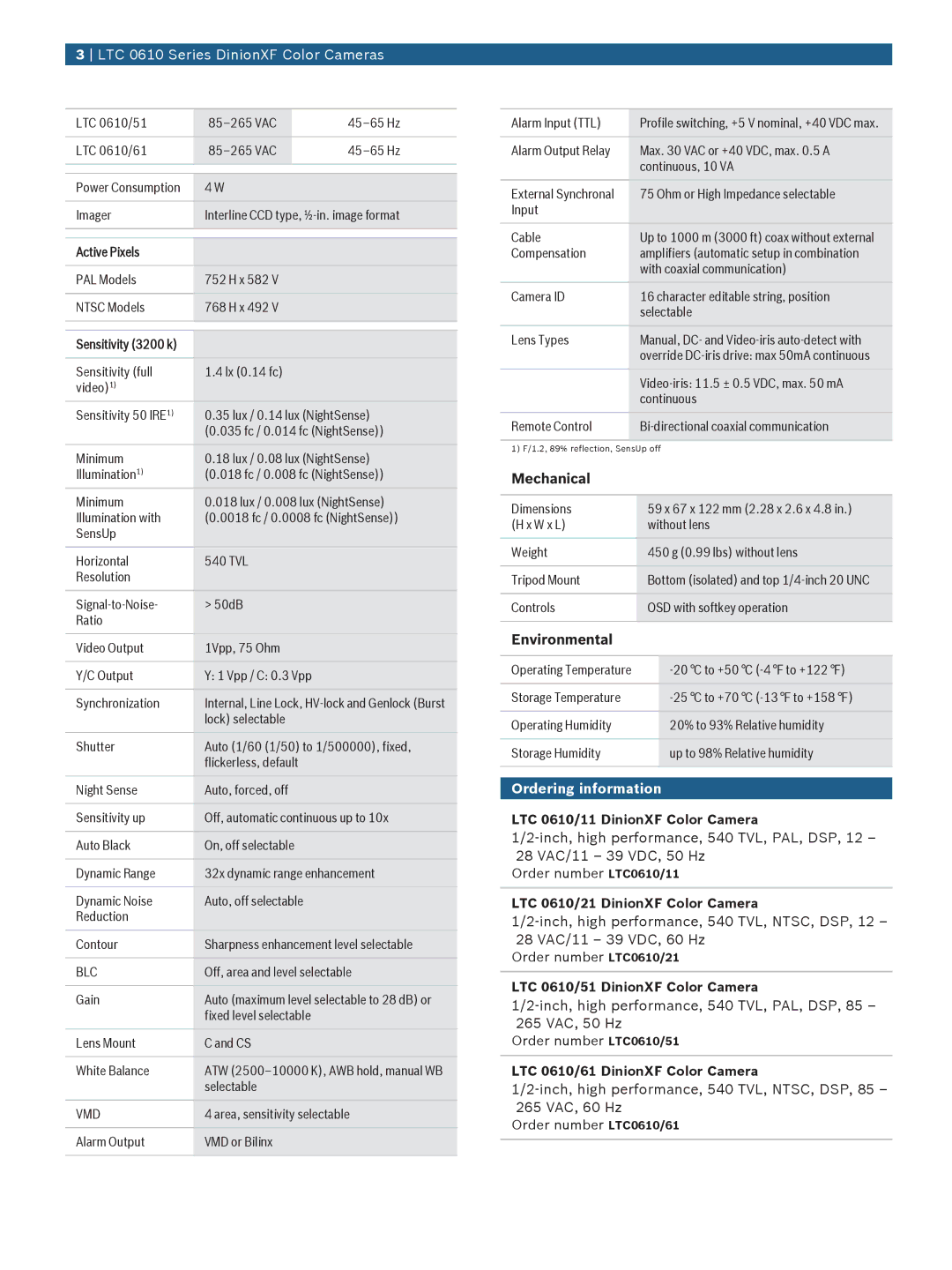 Bosch Appliances LTC 0610 manual Mechanical, Environmental, Ordering information 