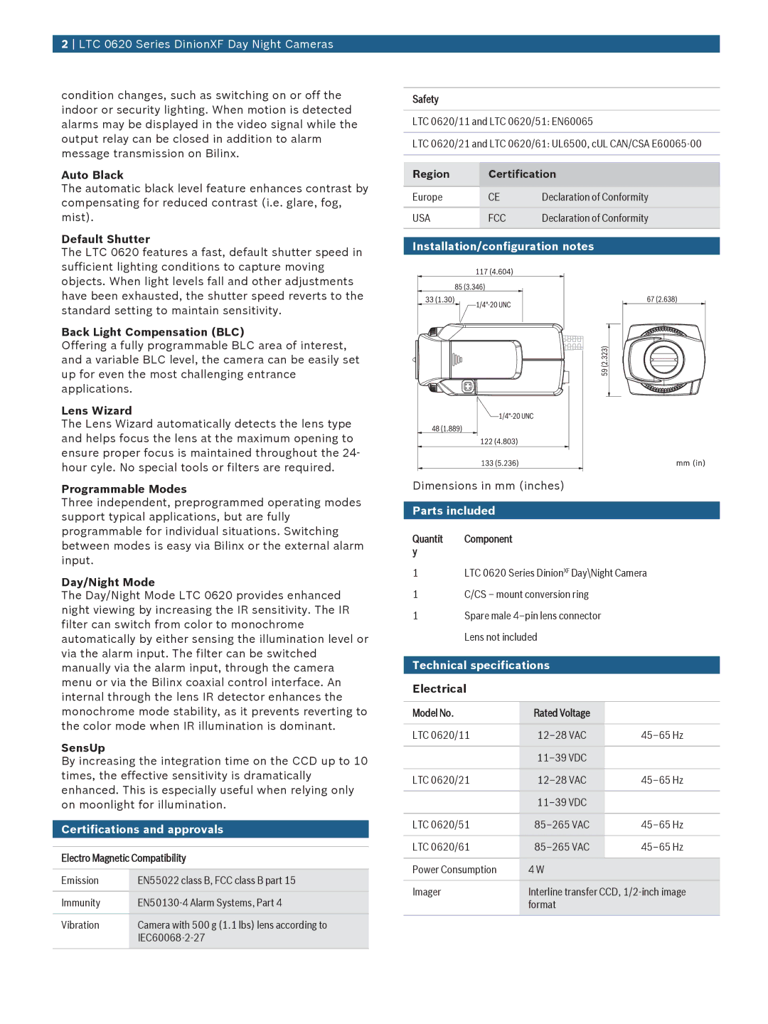 Bosch Appliances LTC 0620 manual Certifications and approvals, Installation/configuration notes, Parts included 