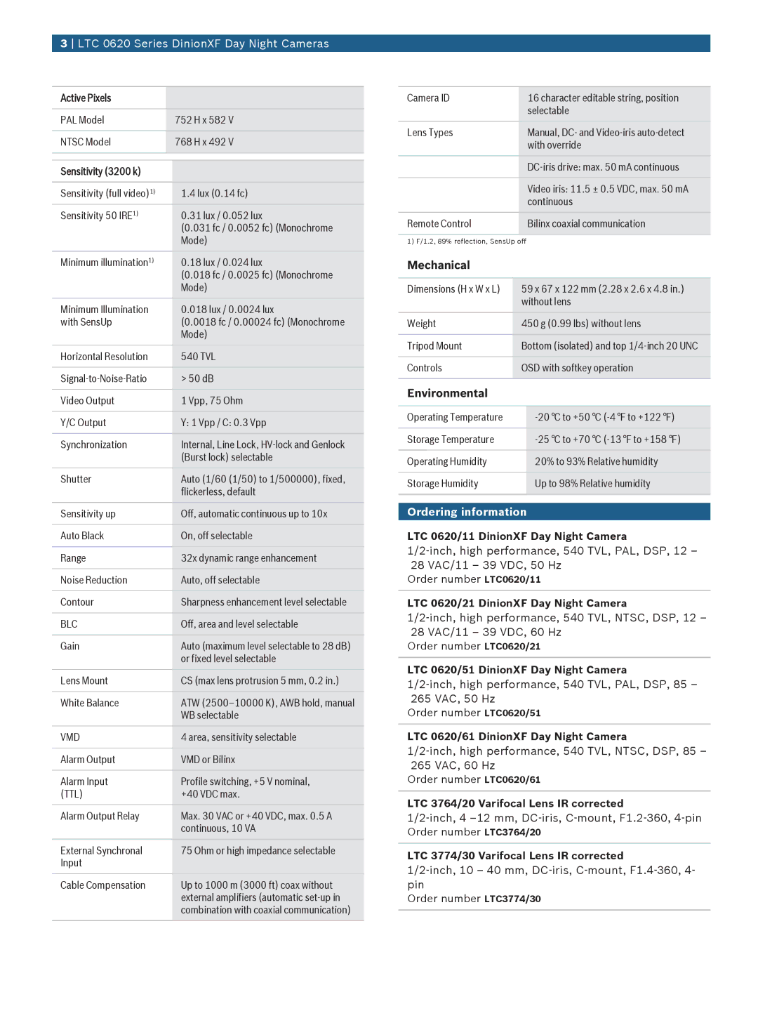 Bosch Appliances LTC 0620 manual Mechanical, Environmental, Ordering information 