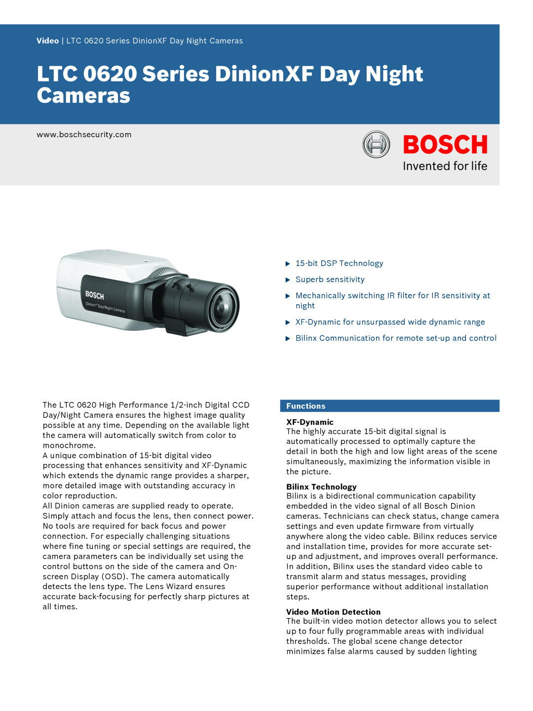 Bosch Appliances LTC 0620 manual Functions, XF-Dynamic, Bilinx Technology, Video Motion Detection 