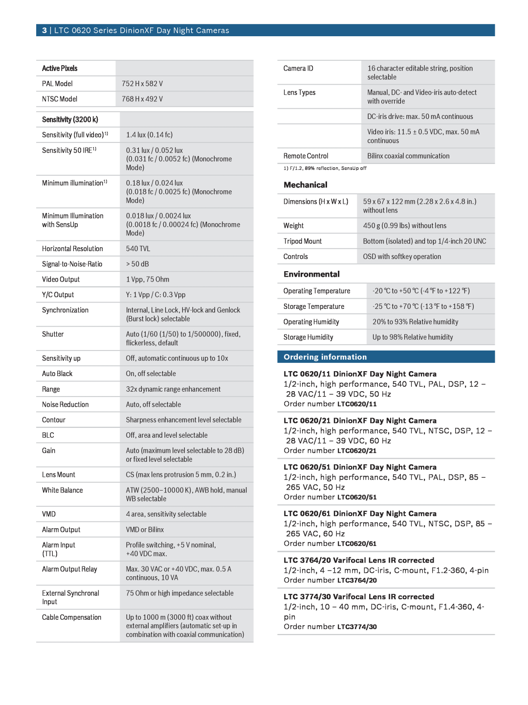Bosch Appliances manual 3 | LTC 0620 Series DinionXF Day Night Cameras, Mechanical, Environmental, Ordering information 