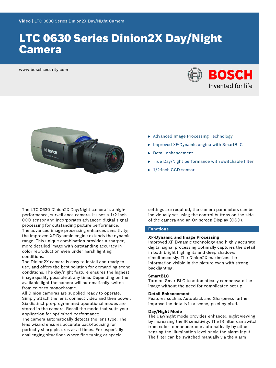 Bosch Appliances LTC 0630 manual Functions, XF-Dynamic and Image Processing, SmartBLC, Detail Enhancement, Day/Night Mode 