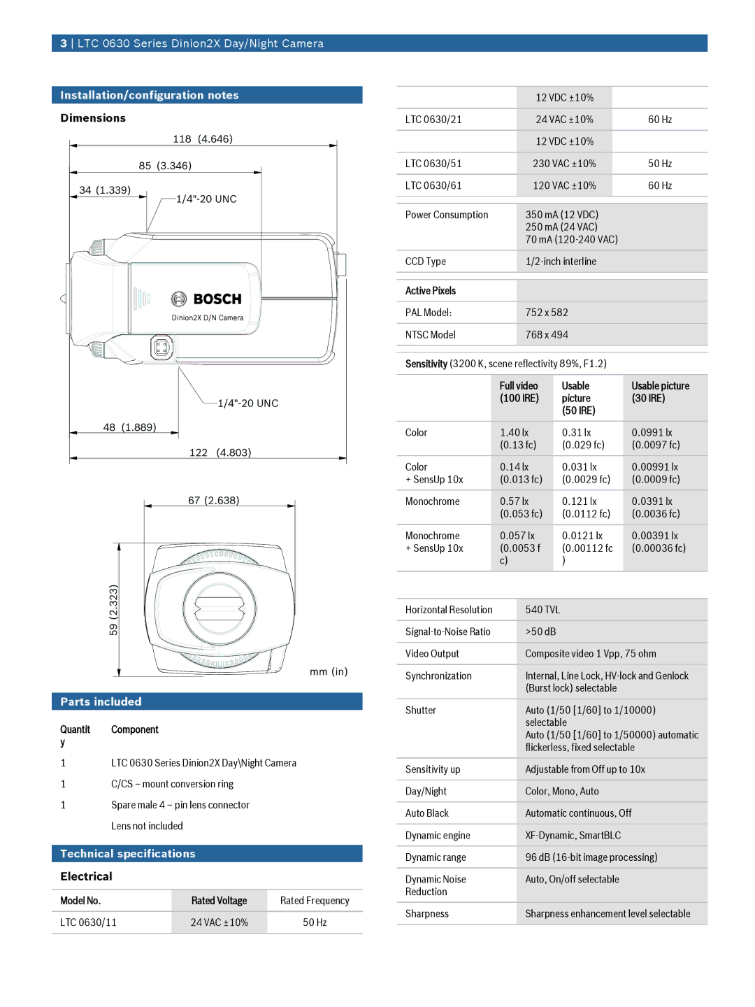 Bosch Appliances LTC 0630 manual Installation/configuration notes, Dimensions, Parts included, Technical specifications 