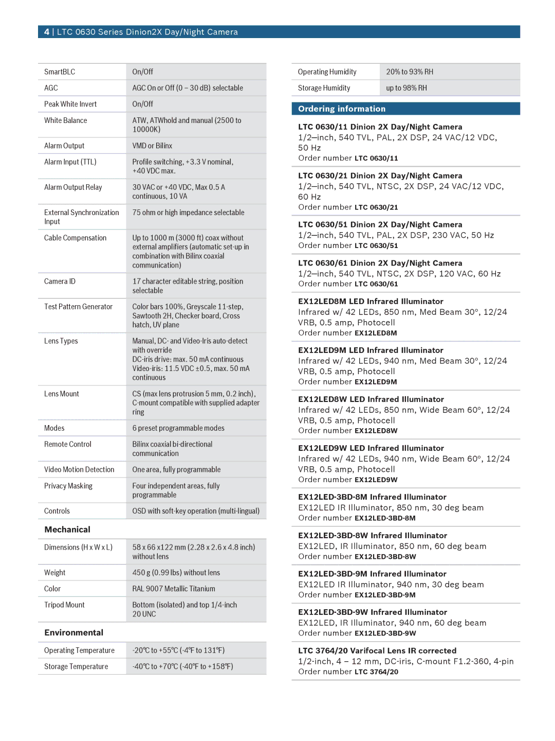 Bosch Appliances LTC 0630 manual Mechanical, Environmental, Ordering information 