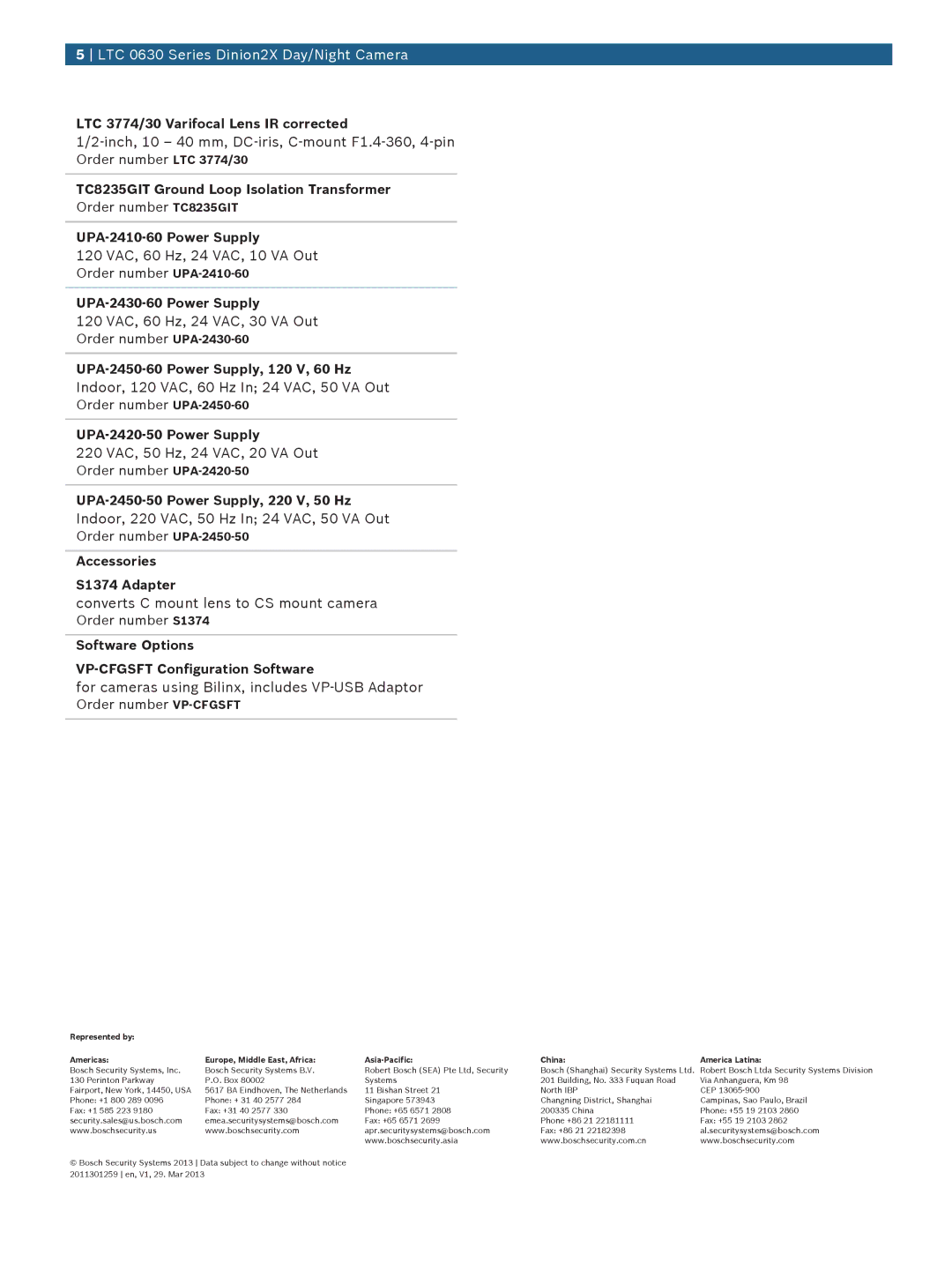 Bosch Appliances LTC 0630 manual Inch, 10 40 mm, DC-iris, C-mount F1.4-360, 4-pin, 120 VAC, 60 Hz, 24 VAC, 10 VA Out 