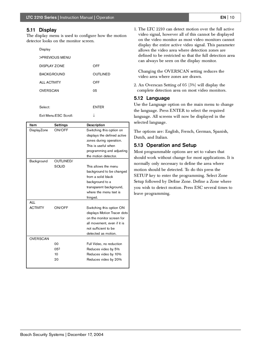 Bosch Appliances LTC 2210 instruction manual Display, Language, Operation and Setup 