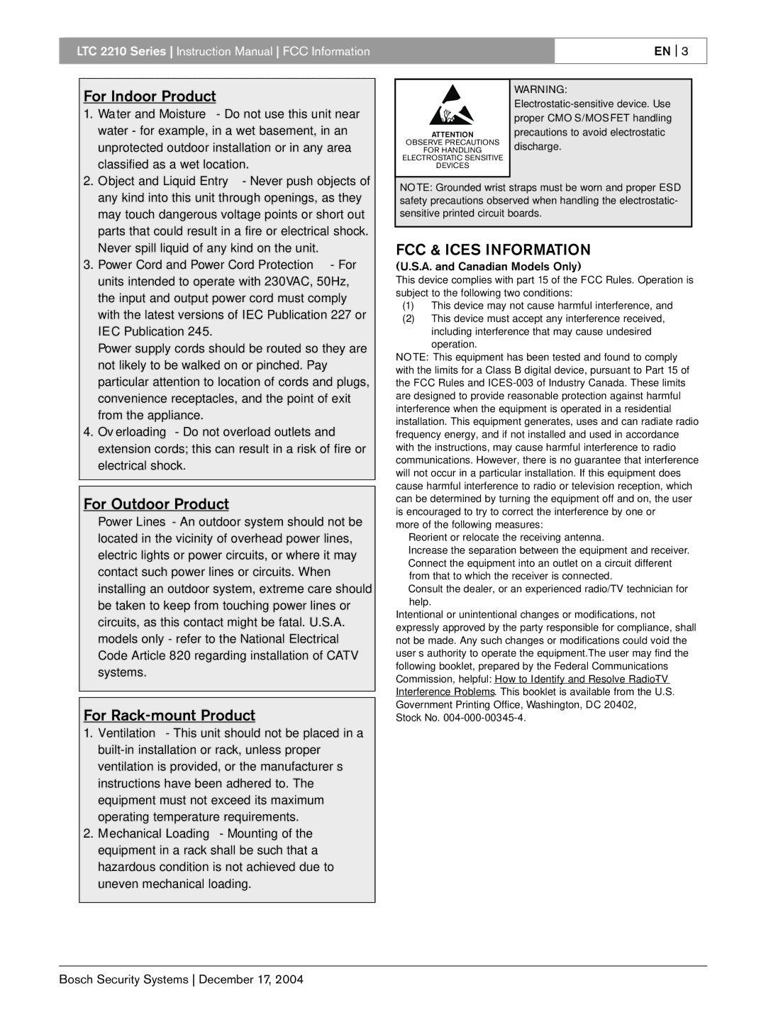 Bosch Appliances LTC 2210 instruction manual For Indoor Product, For Outdoor Product, For Rack-mount Product 