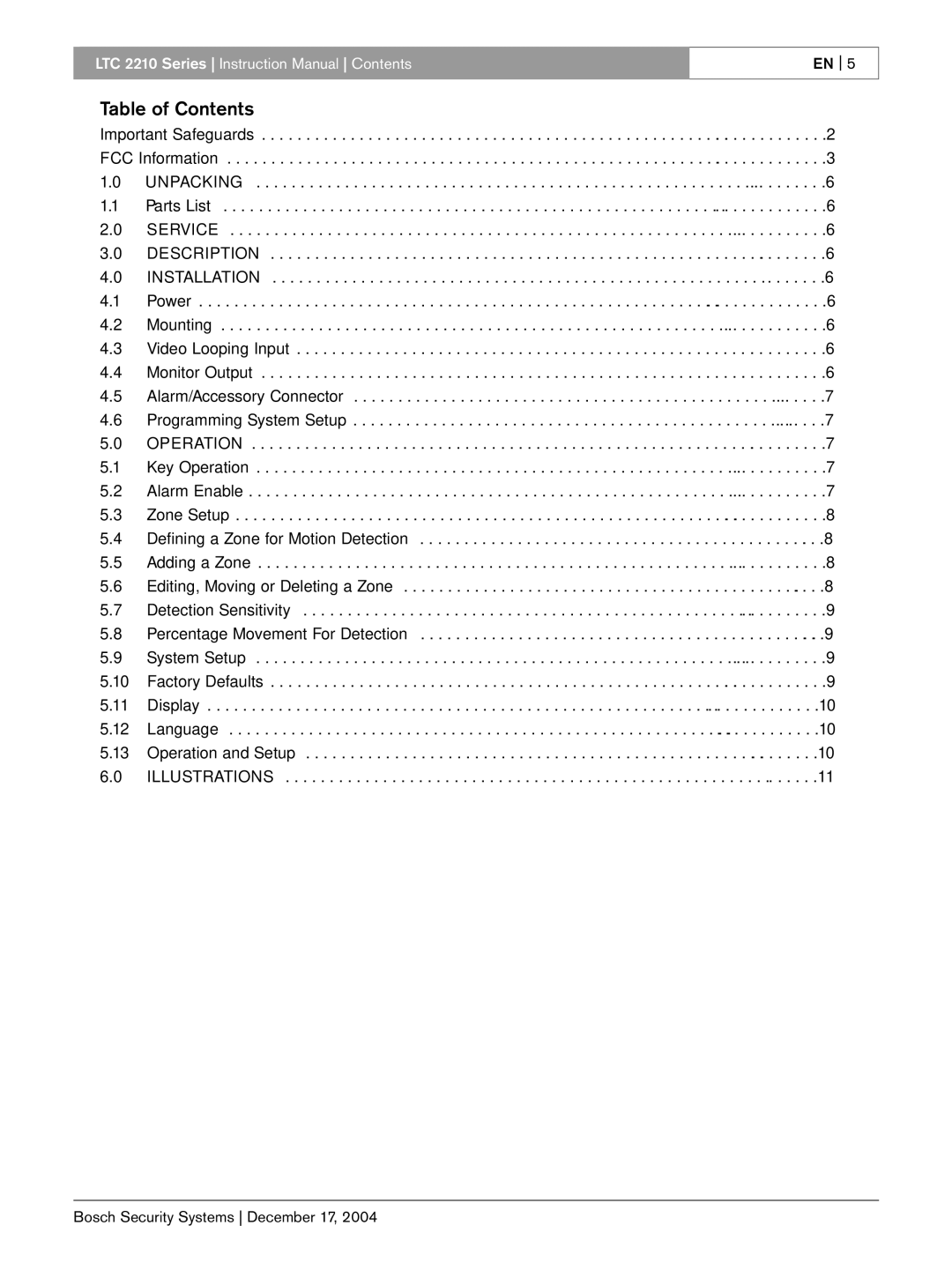 Bosch Appliances LTC 2210 instruction manual Table of Contents 