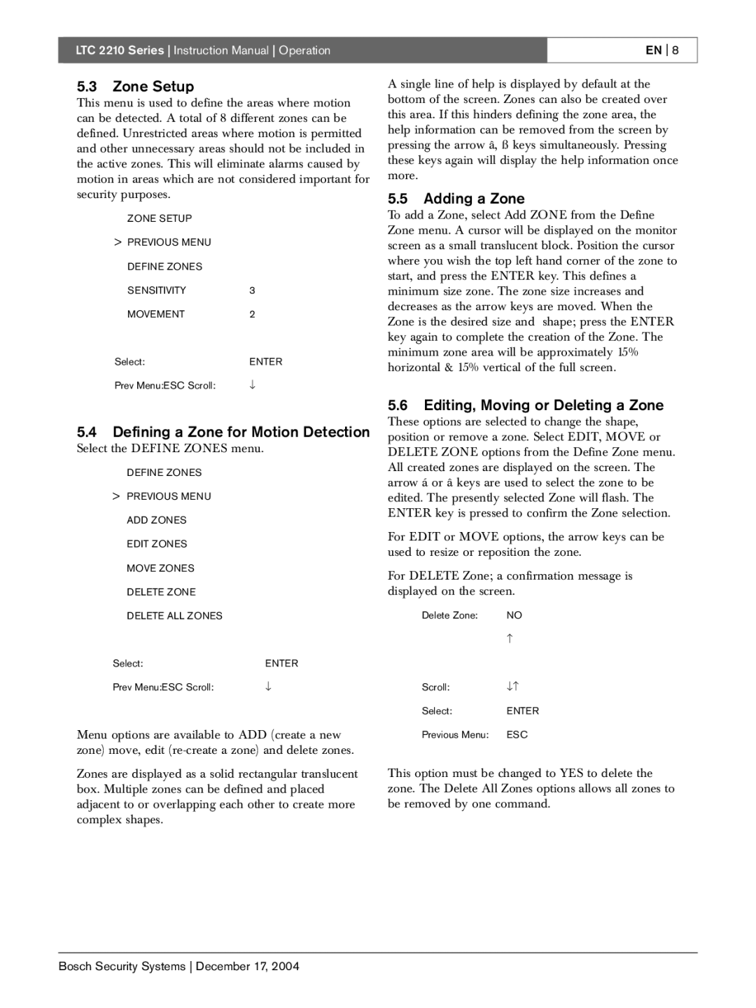 Bosch Appliances LTC 2210 instruction manual Zone Setup, Defining a Zone for Motion Detection, Adding a Zone 