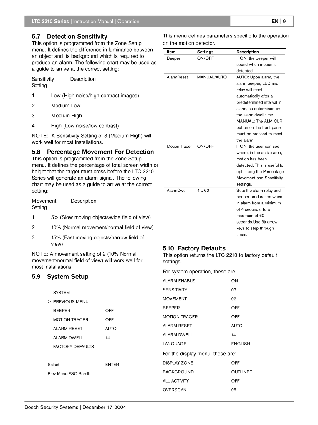 Bosch Appliances LTC 2210 Detection Sensitivity, Percentage Movement For Detection, System Setup, Factory Defaults 