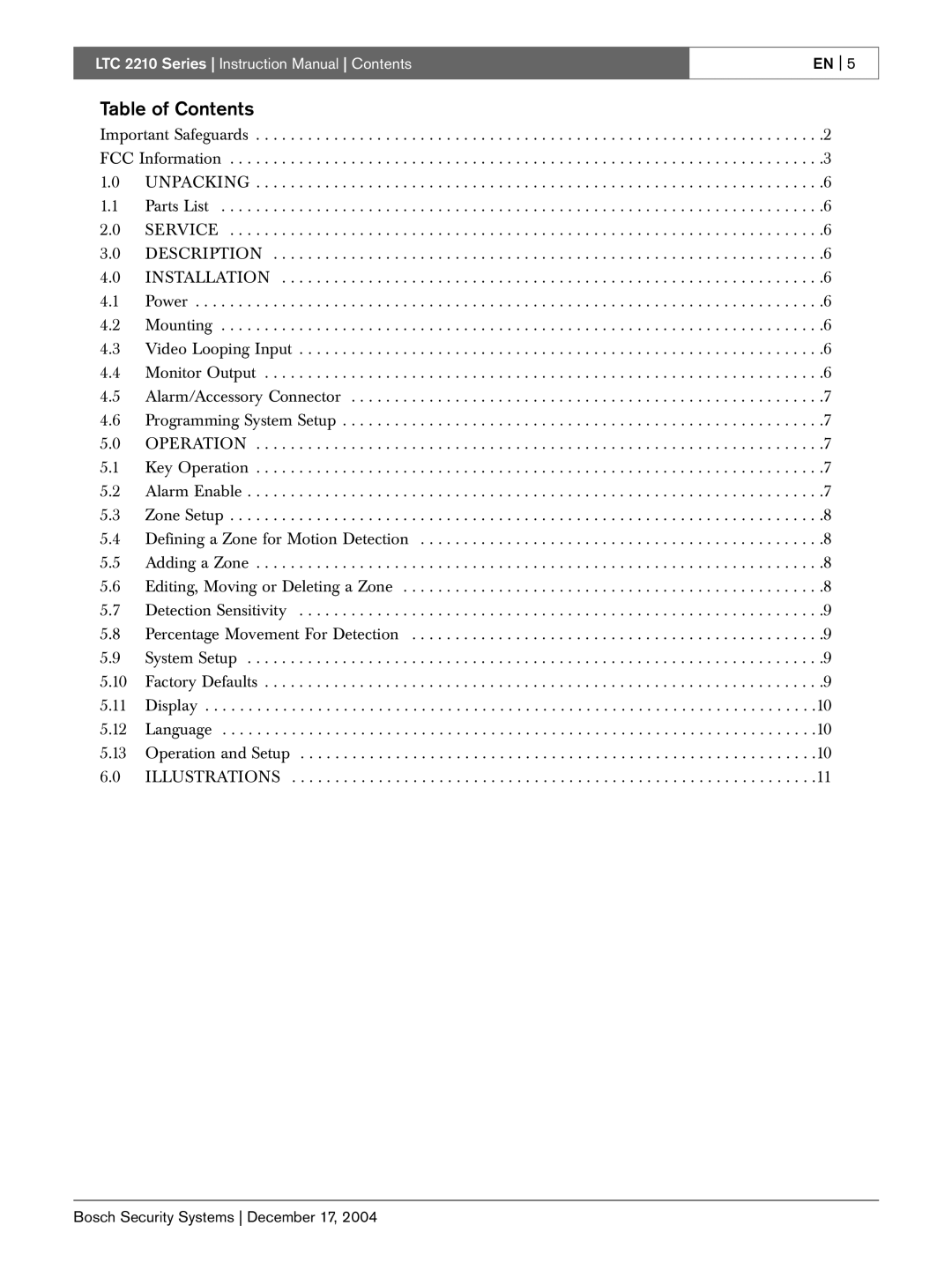 Bosch Appliances LTC 2210 instruction manual Table of Contents, En 