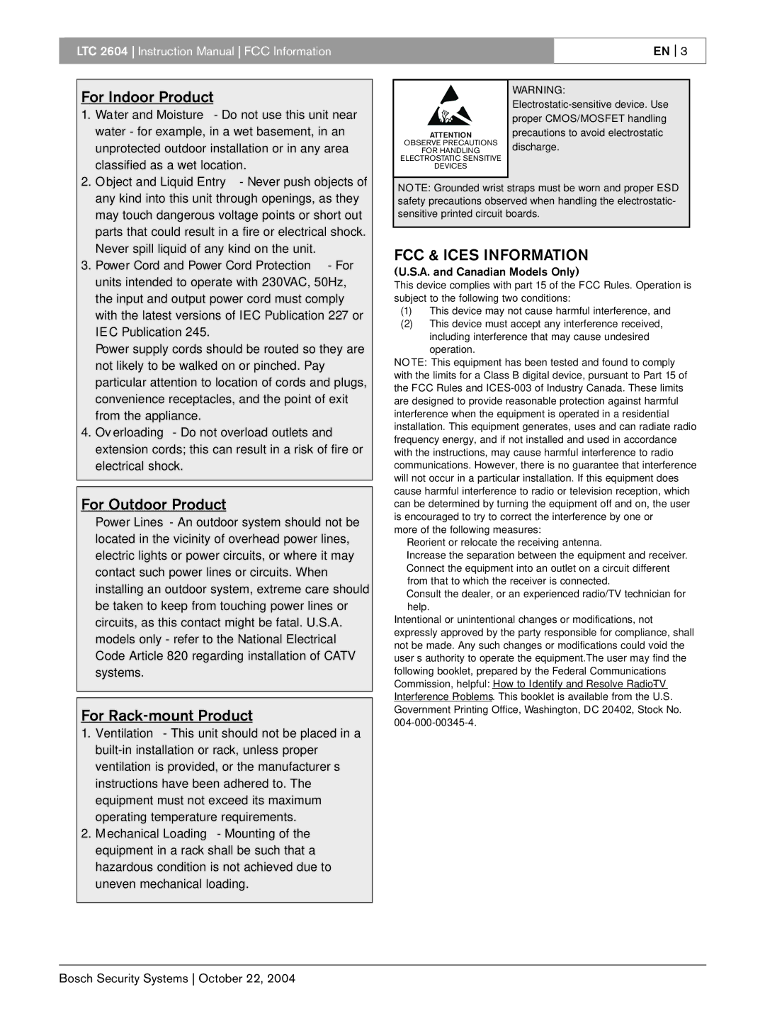 Bosch Appliances LTC 2604 instruction manual For Indoor Product, For Outdoor Product, For Rack-mount Product 