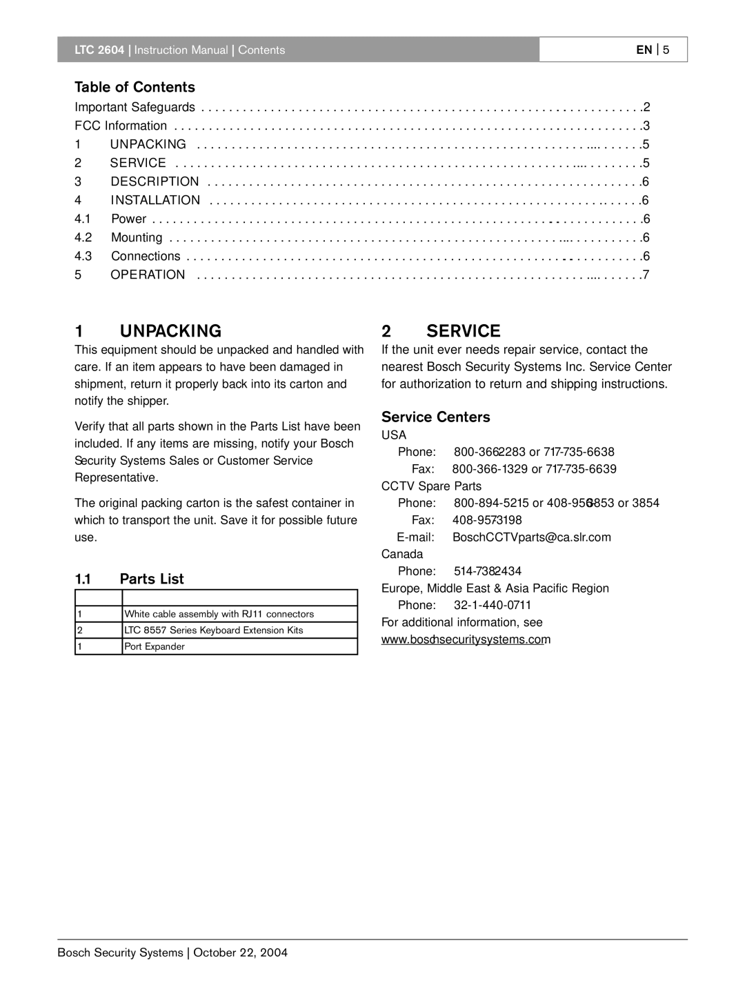 Bosch Appliances LTC 2604 instruction manual Unpacking, Table of Contents, Parts List, Service Centers 