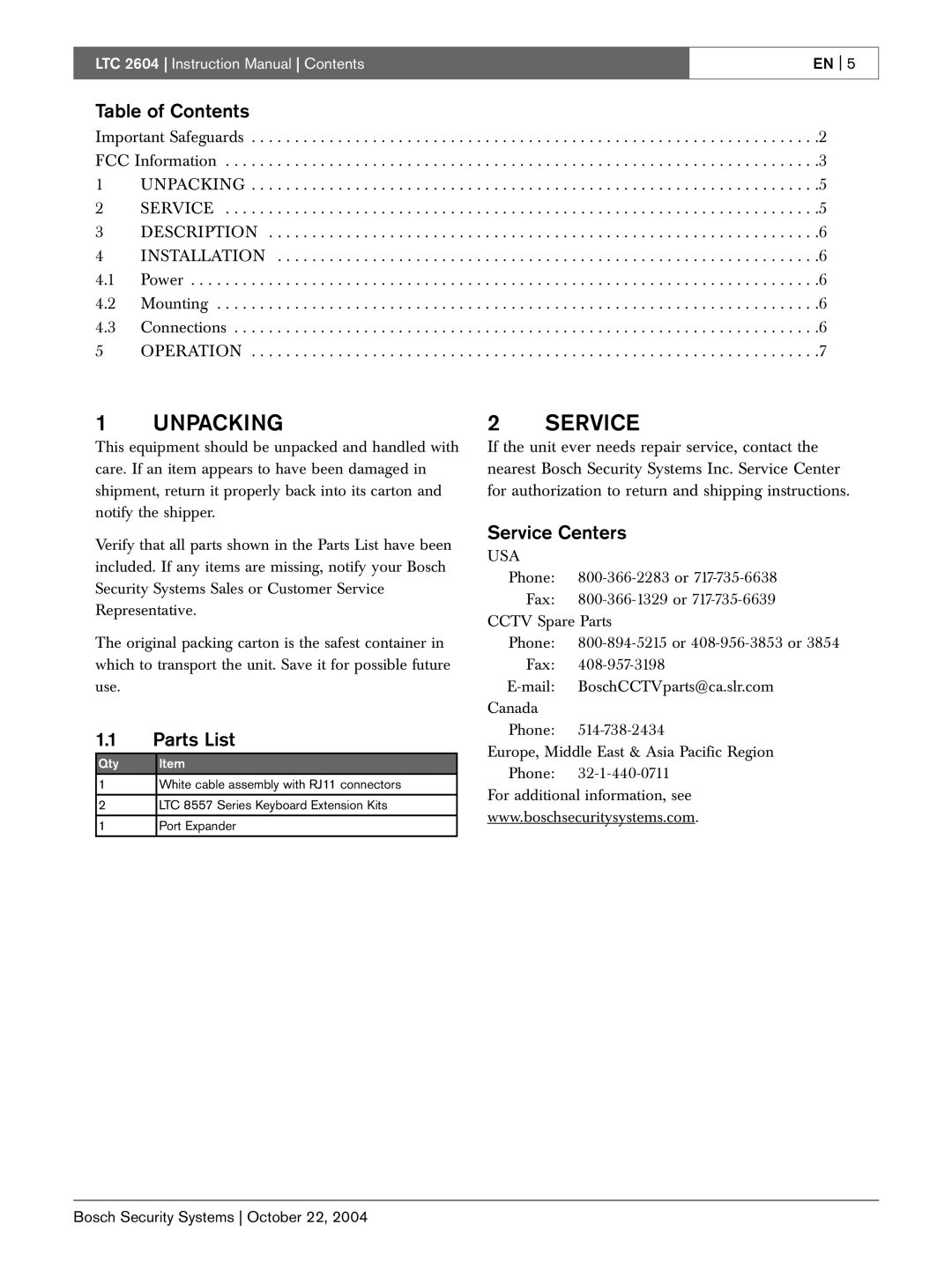 Bosch Appliances LTC 2604 instruction manual Unpacking, Table of Contents, 1.1Parts List, Service Centers, En 