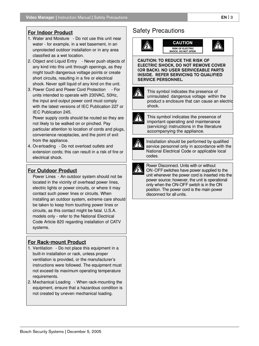 Bosch Appliances LTC 2605/91 instruction manual For Indoor Product, For Outdoor Product, For Rack-mount Product 