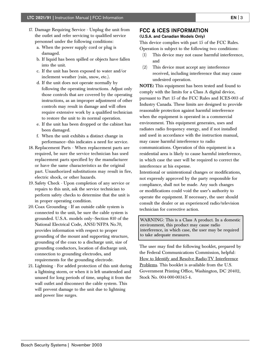 Bosch Appliances LTC 2891, LTC 2821 instruction manual FCC & Ices Information 