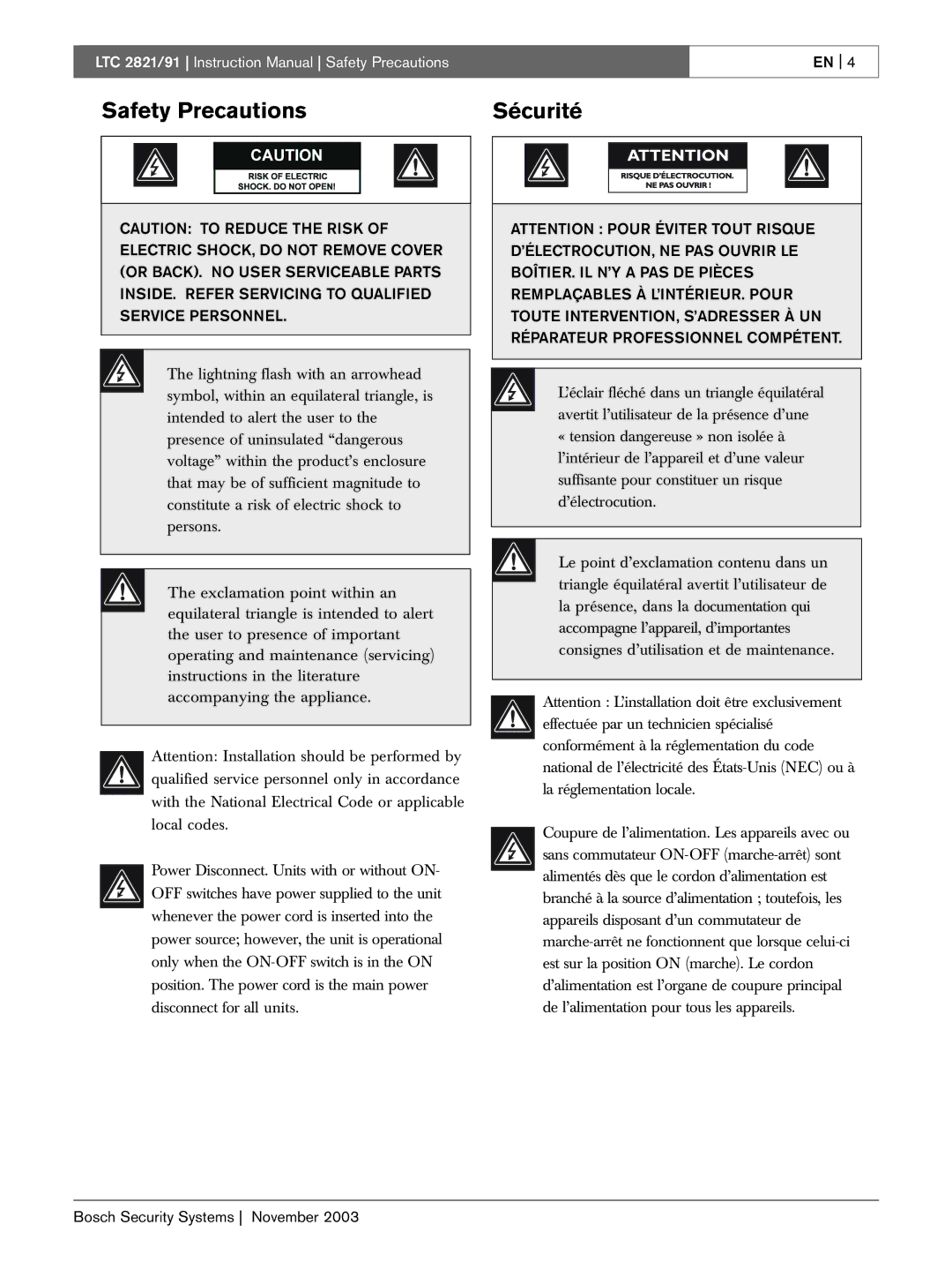 Bosch Appliances LTC 2821, LTC 2891 instruction manual Safety Precautions Sécurité 