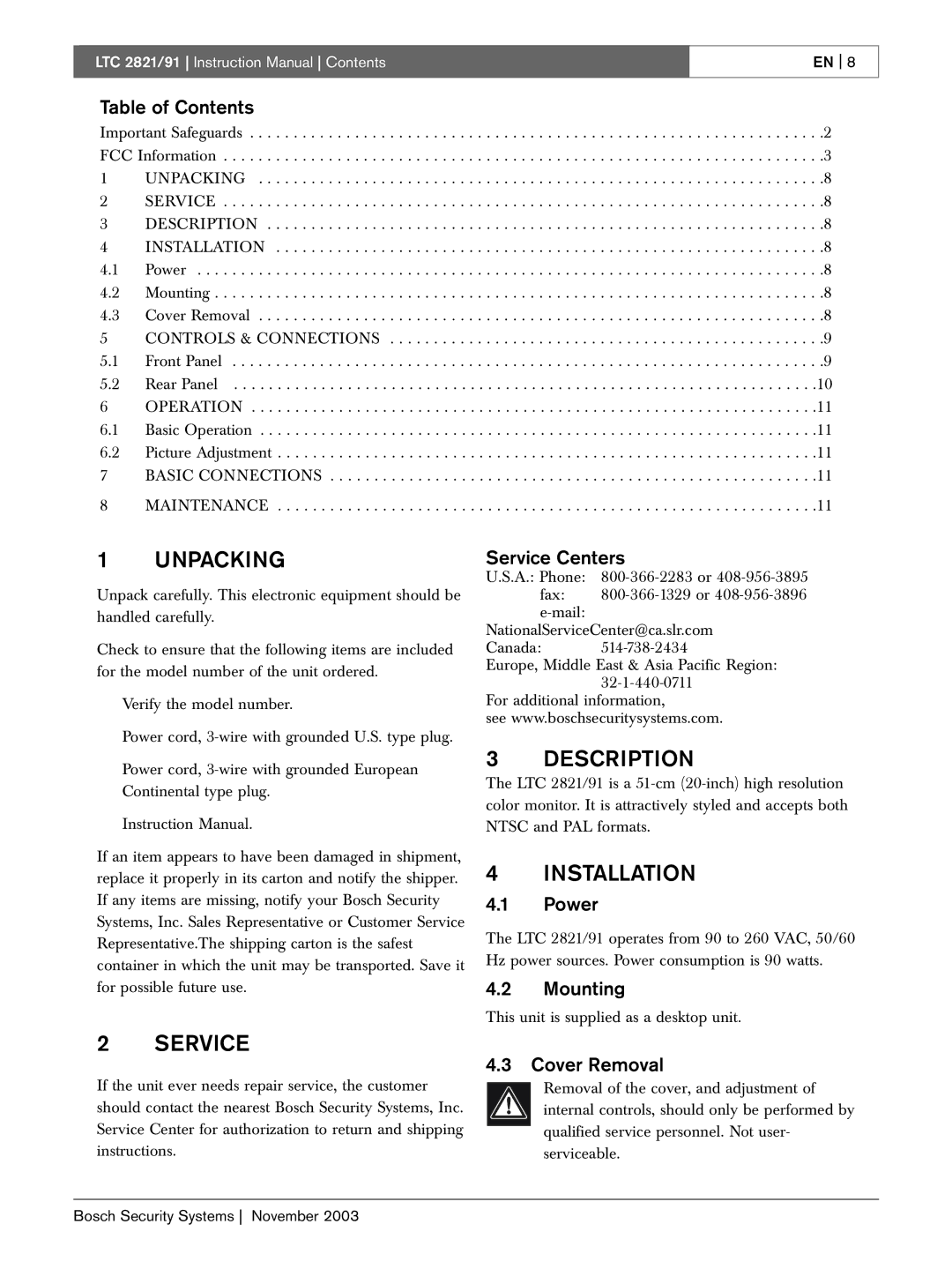 Bosch Appliances LTC 2821, LTC 2891 instruction manual Unpacking, Description, Installation, Service 