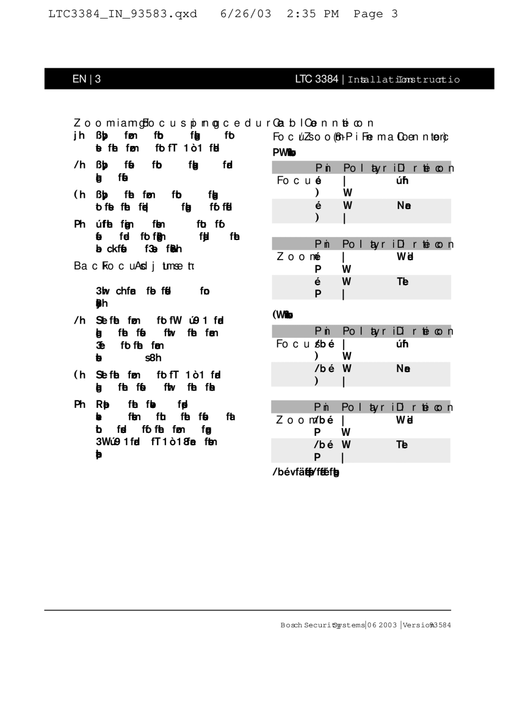 Bosch Appliances LTC 3354 Zooming and Focusing procedure, Back Focus Adjustment, Pin Polarity Direction Focus 