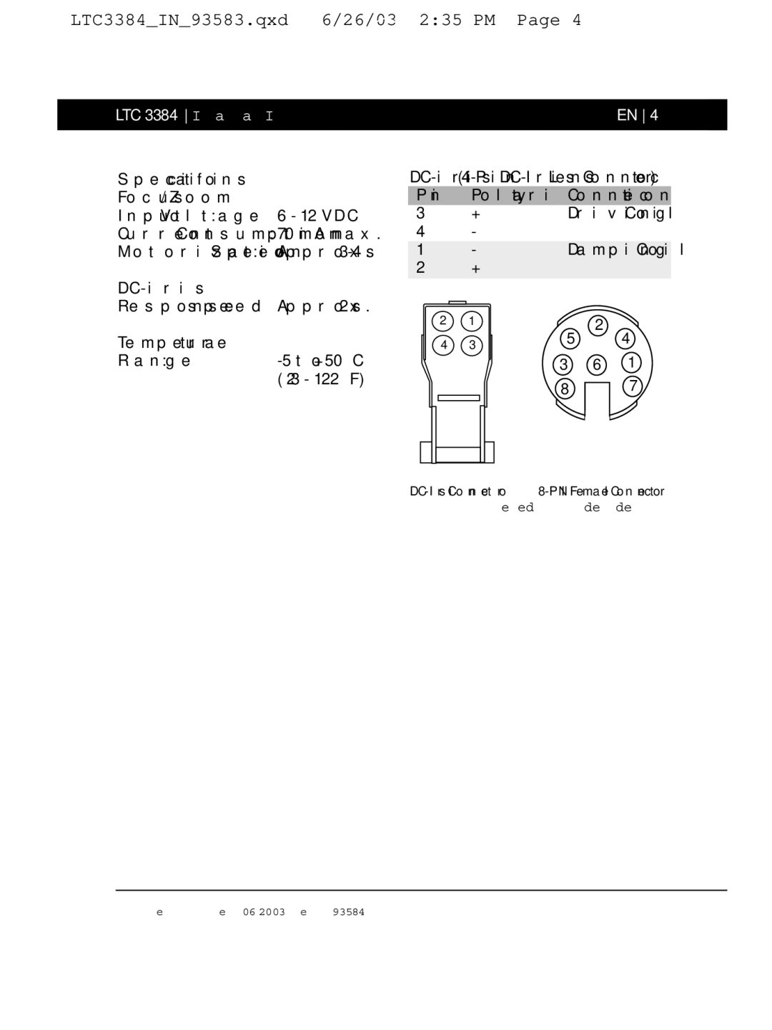 Bosch Appliances LTC 3354 installation manual Specifications Focus/Zoom, Temperature, Pin Polarity Connection 