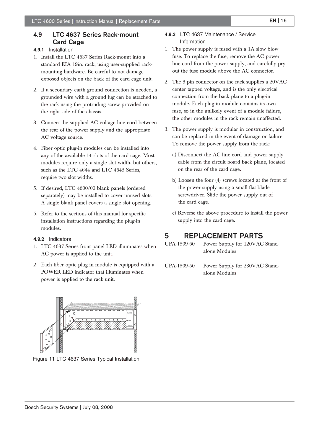 Bosch Appliances LTC 4600 instruction manual Replacement Parts, LTC 4637 Series Rack-mount Card Cage 