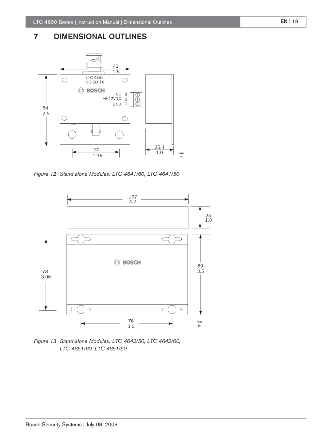 Bosch Appliances LTC 4600 instruction manual Dimensional Outlines, Stand-alone Modules LTC 4641/60, LTC 4641/50 