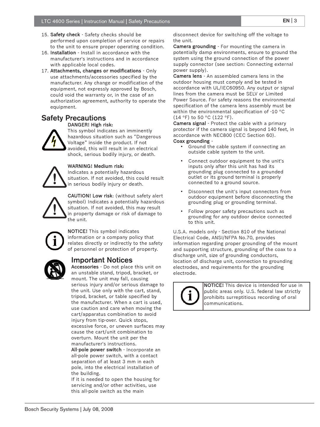 Bosch Appliances LTC 4600 instruction manual Safety Precautions 