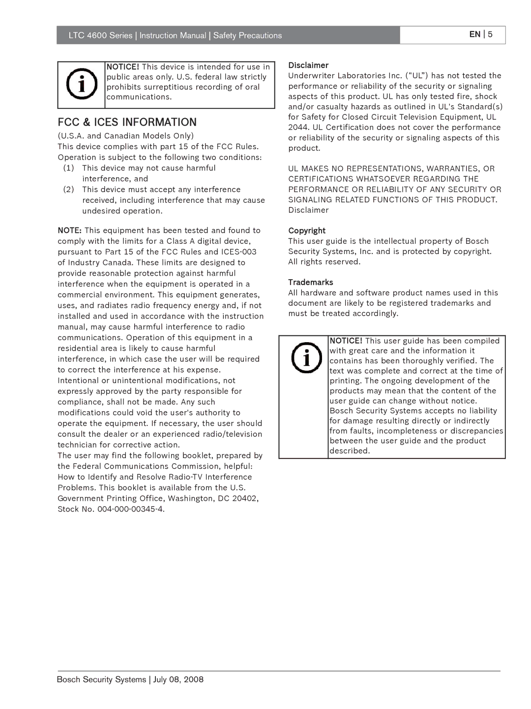 Bosch Appliances LTC 4600 instruction manual FCC & Ices Information 