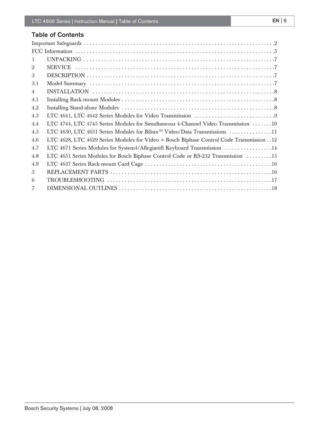 Bosch Appliances LTC 4600 instruction manual Table of Contents 