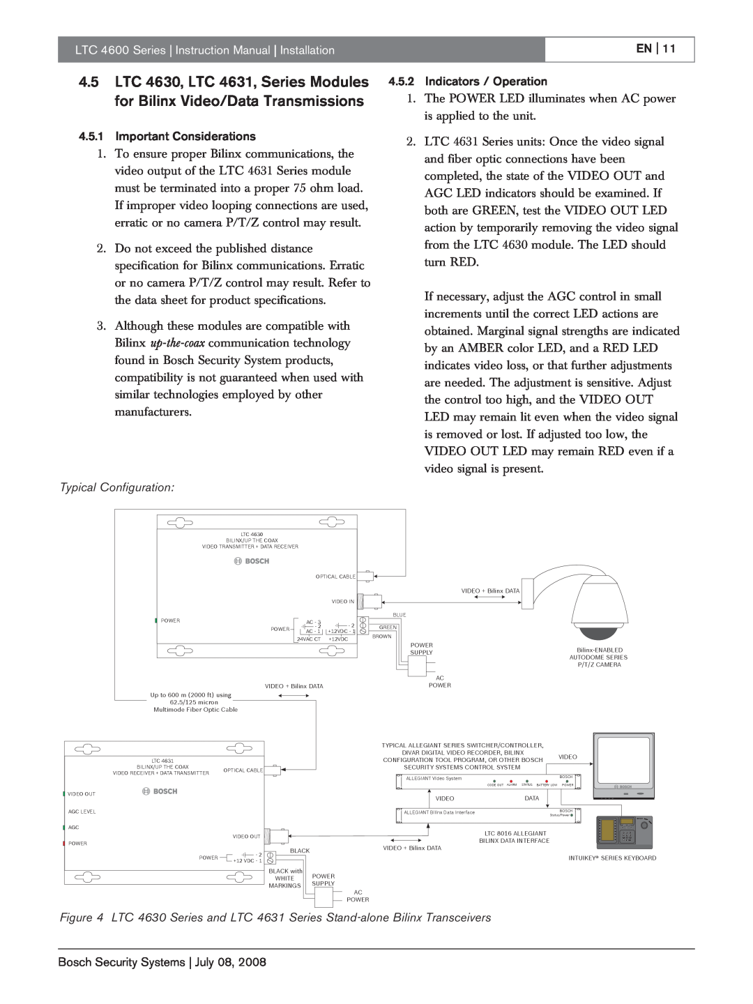 Bosch Appliances LTC 4600 4.5.1Important Considerations, EN 4.5.2Indicators / Operation, Typical Configuration 