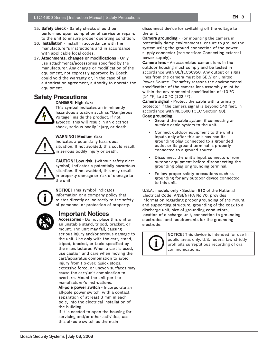 Bosch Appliances LTC 4600 Safety Precautions, Important Notices, En, Bosch Security Systems July, DANGER! High risk 