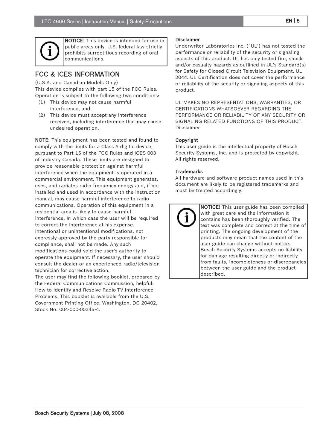 Bosch Appliances LTC 4600 Fcc & Ices Information, En, Bosch Security Systems July, Disclaimer, Copyright, Trademarks 