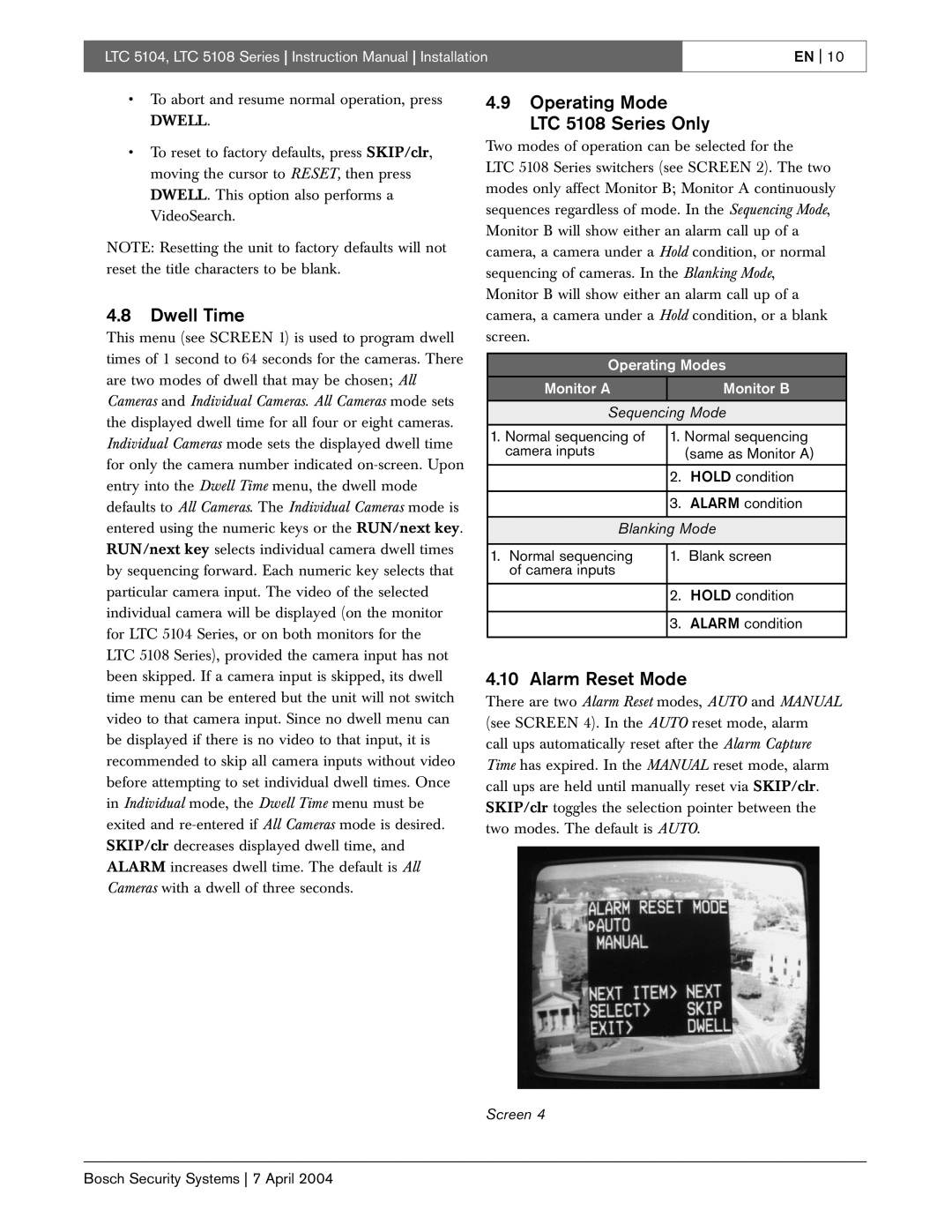 Bosch Appliances LTC 5104 instruction manual Dwell Time, Operating Mode LTC 5108 Series Only, Alarm Reset Mode 