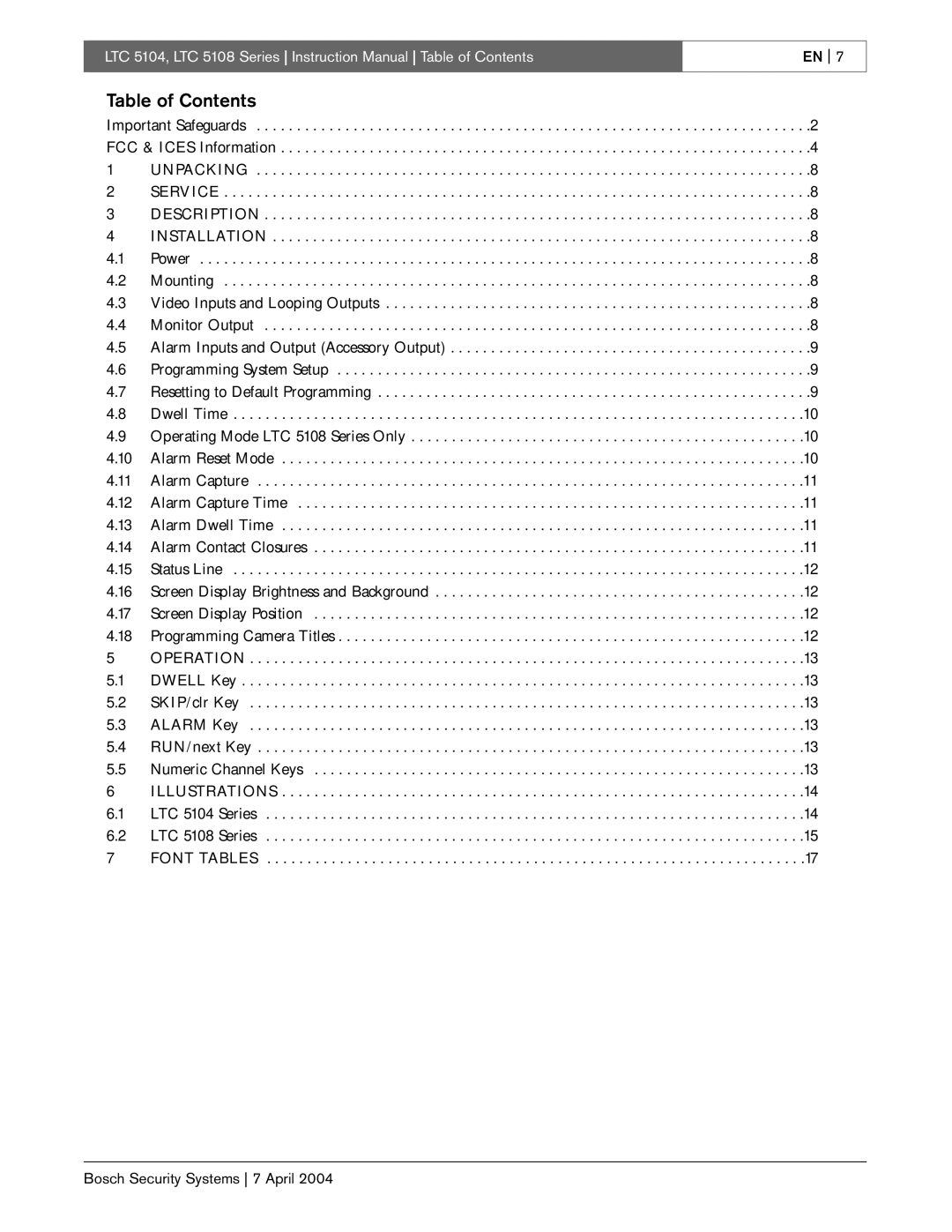 Bosch Appliances LTC 5104, LTC 5108 instruction manual Table of Contents 