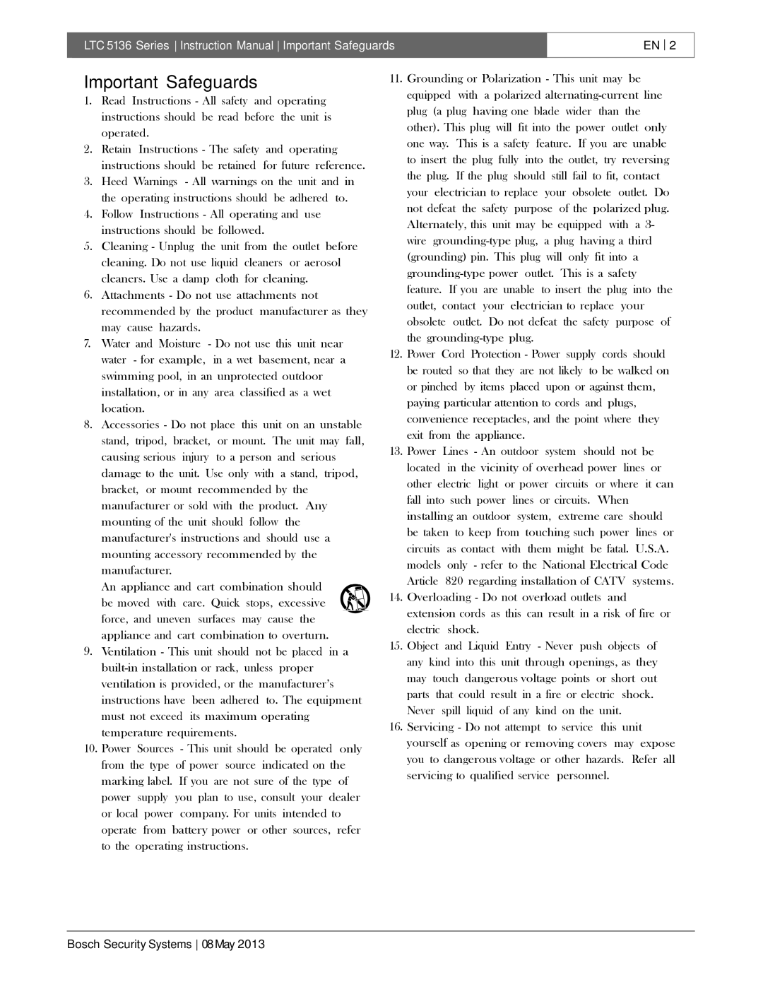 Bosch Appliances LTC 5136 installation instructions Important Safeguards 